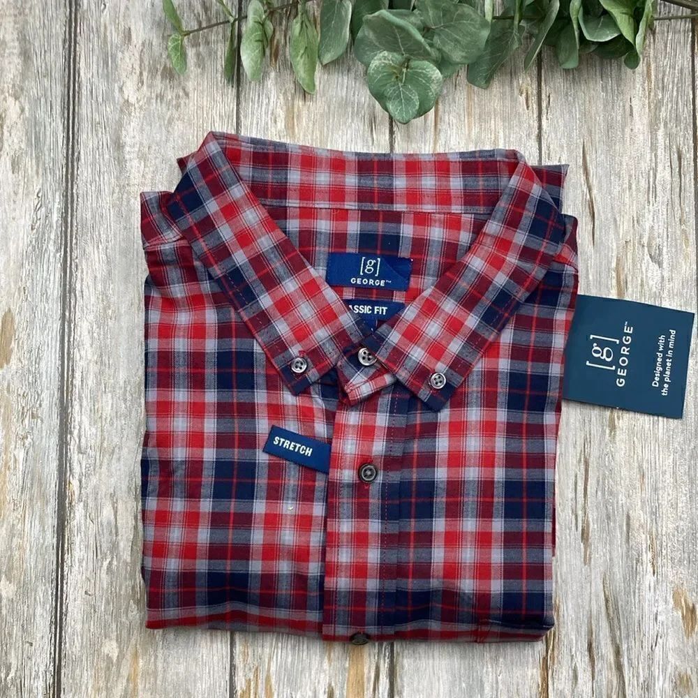 Men’s White Plaid Sleeve Poplin Button-Up Shirt Size XL